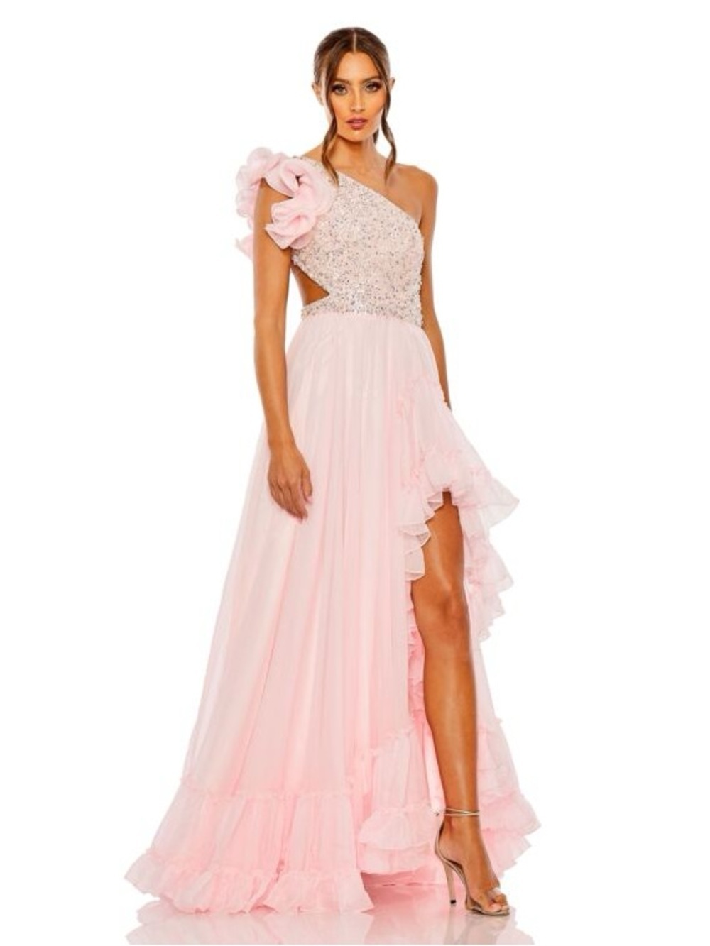 Mac Duggal 68480 Pink Ruffled One Shoulder Embellished Lace Up Gown Size 8 NWT